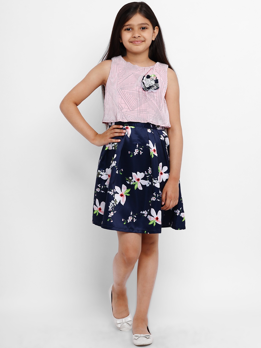 

Nauti Nati Girls Pink & Navy Blue Floral Print Accordion Pleat Layered A-Line Dress