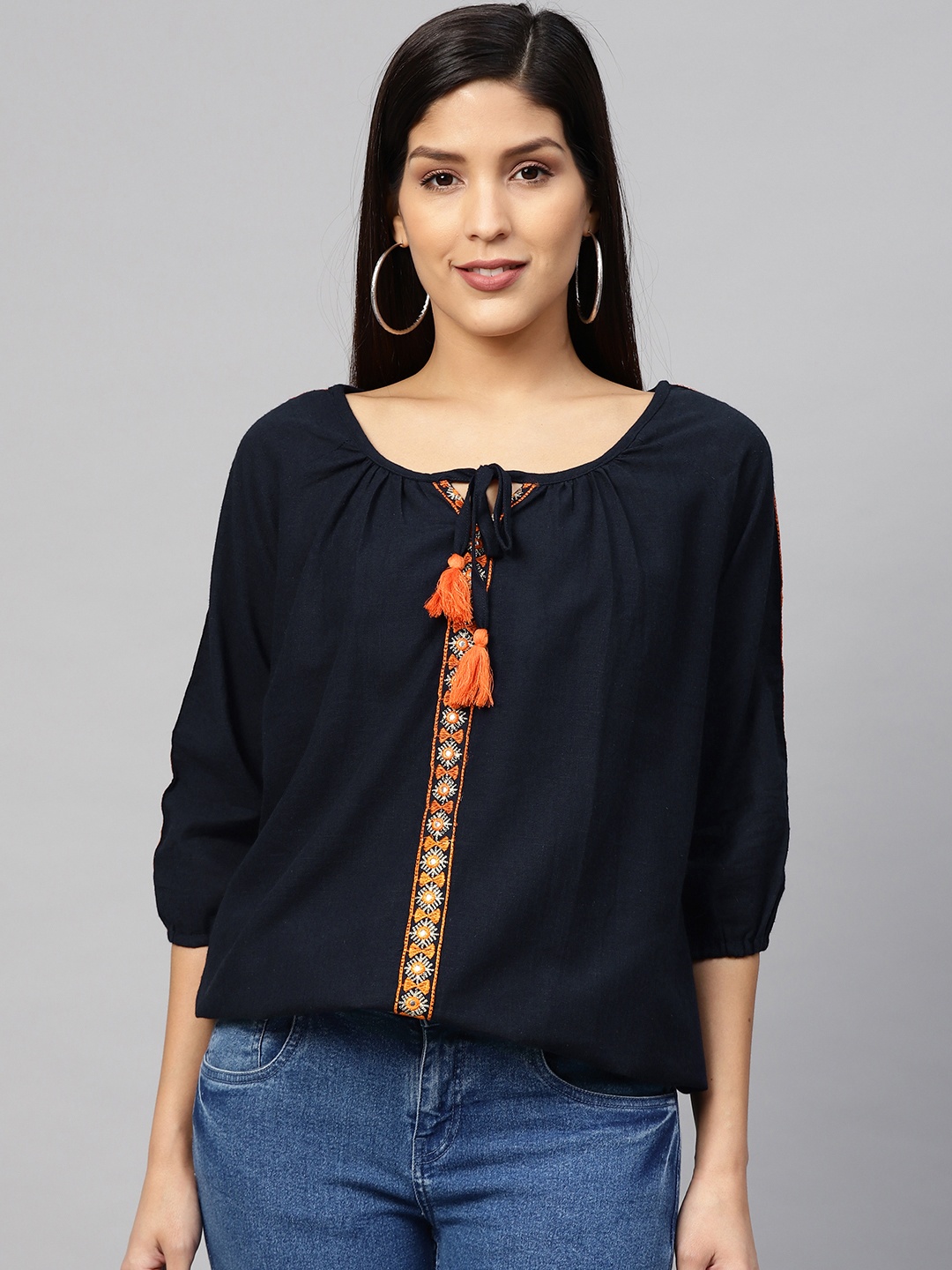 

Sringam Women Navy Blue Embroidered Detail Blouson Pure Cotton Top