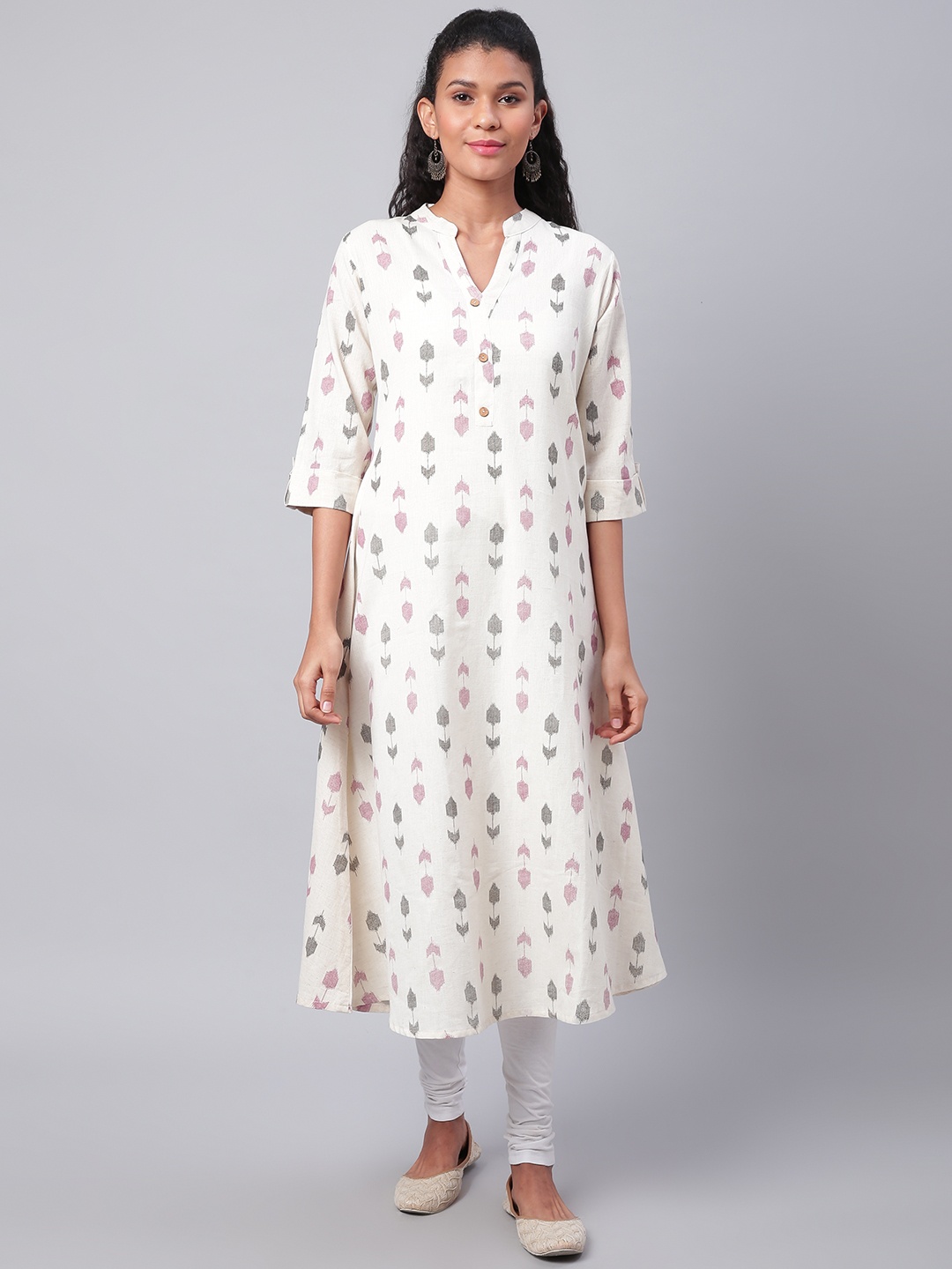 

Sringam Women Off-White & Maroon Printed A-Line Kurta