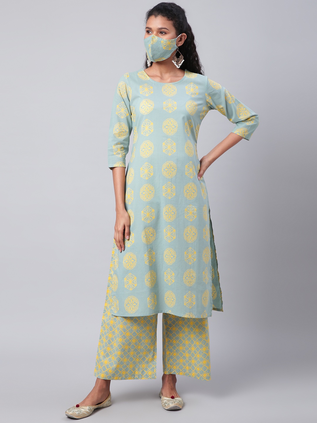 

Sringam Women Green Yellow Printed Kurta with Palazzos