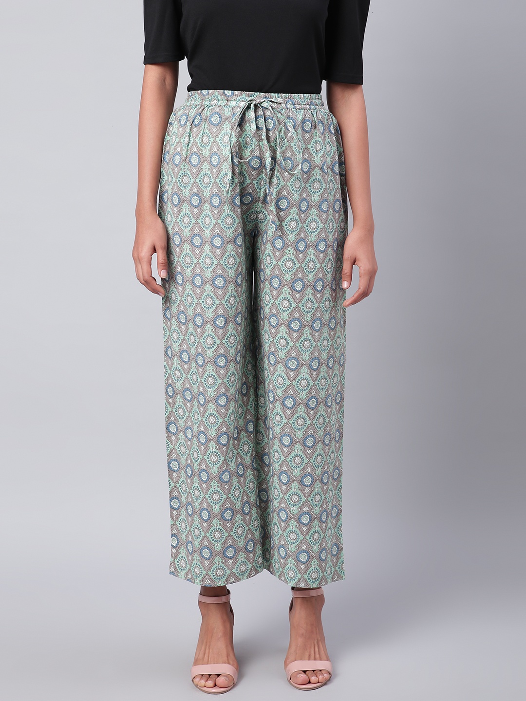 

Sringam Women Green & Grey Printed Wide Leg Palazzos