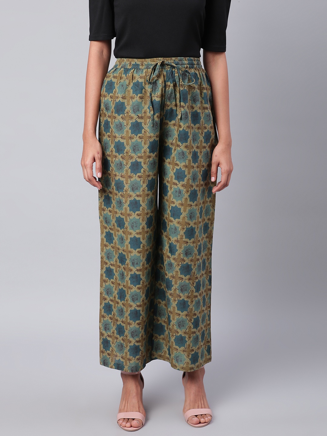 

Sringam Women Blue & Olive Green Printed Wide Leg Palazzos