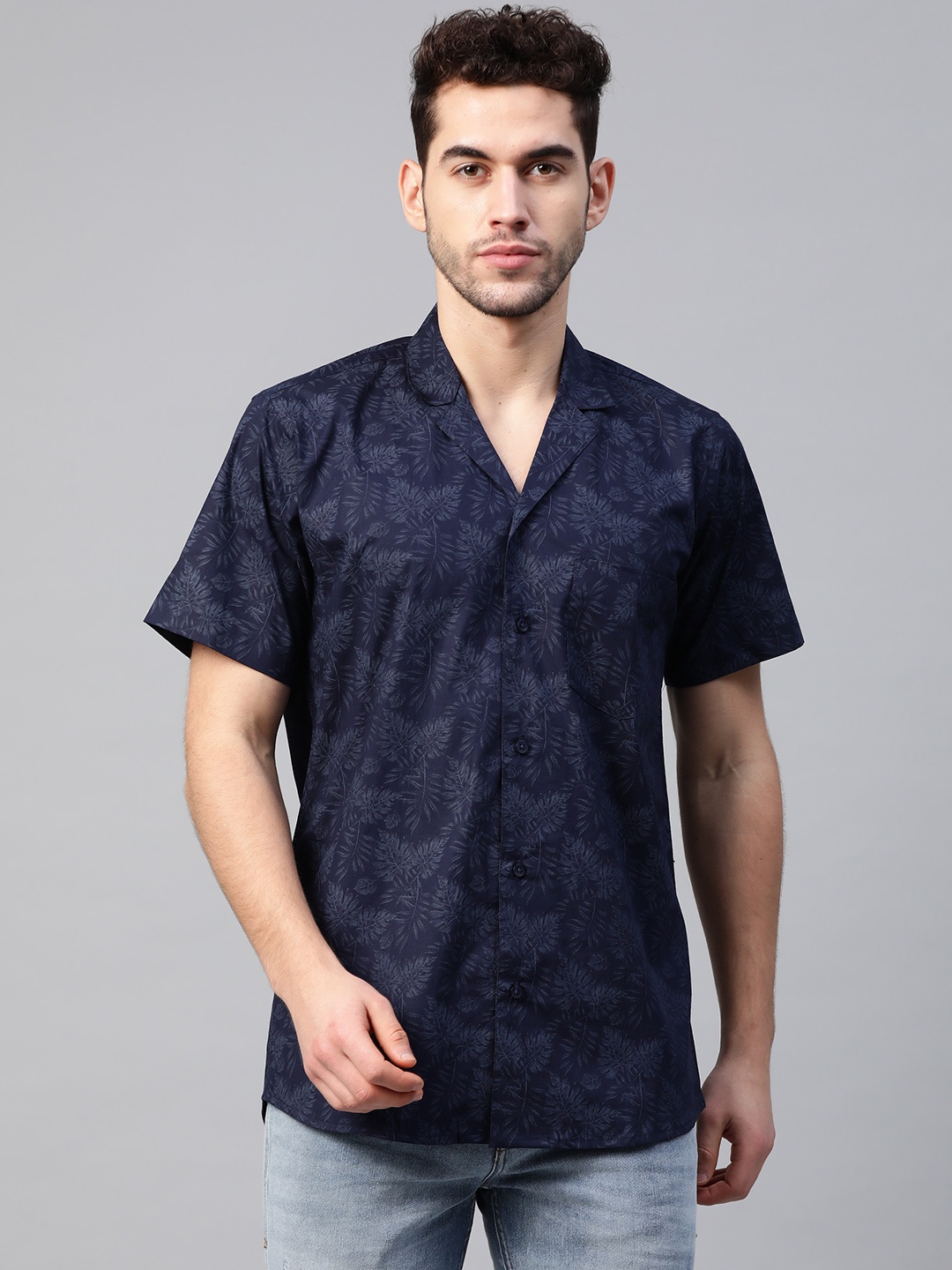 

DENNISON Men Navy Blue Smart Slim Fit Tropical Print Casual Shirt