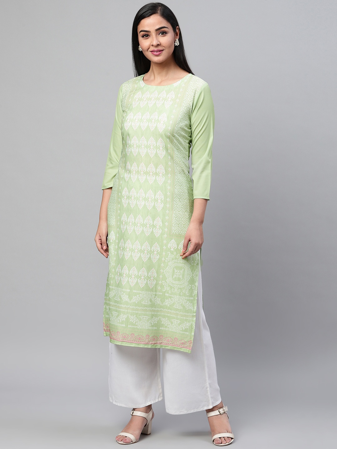 

AHIKA Women Sea Green & Off-White Ethnic Print Straight Kurta