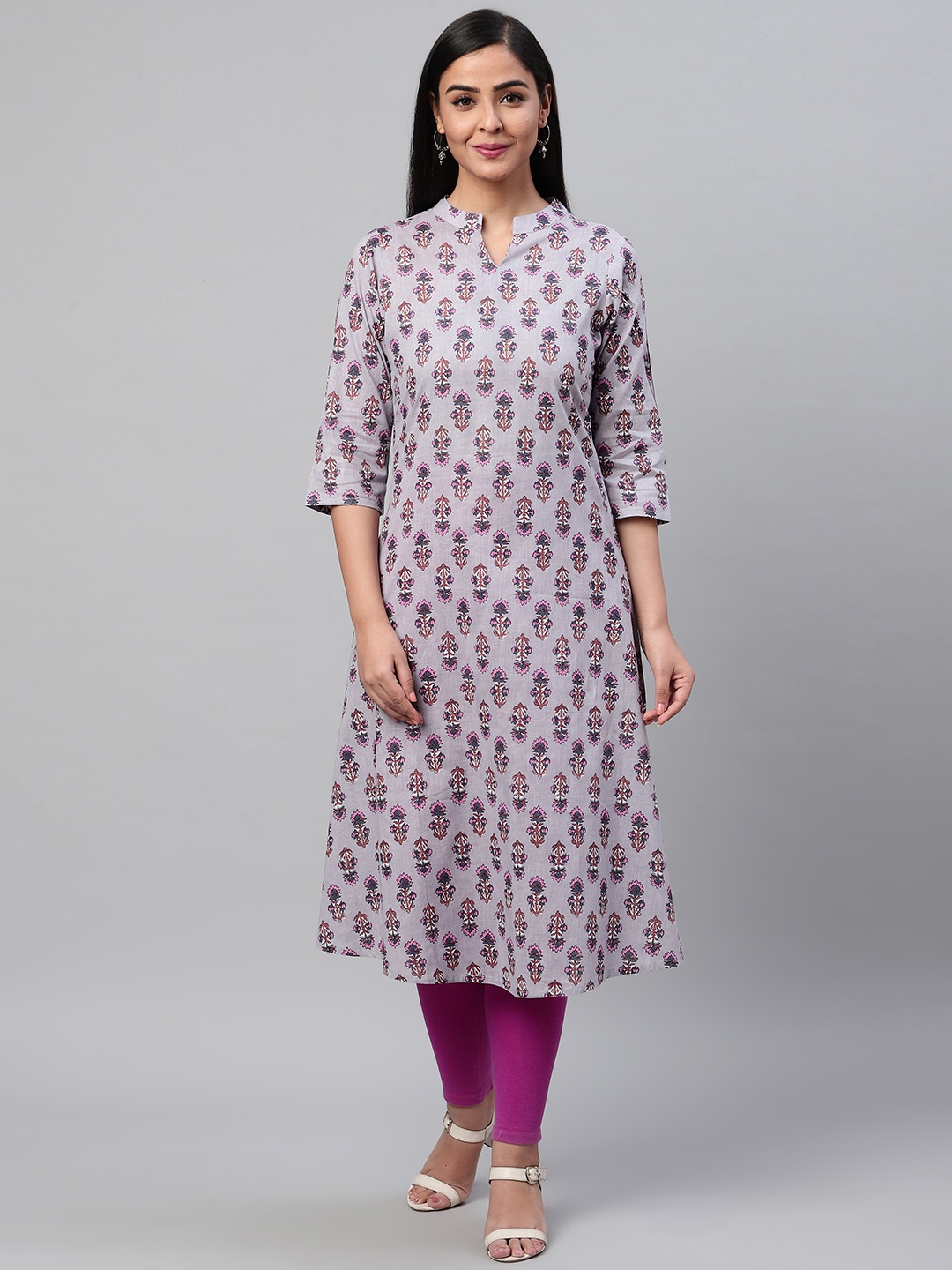 

AHIKA Women Grey & Pink Ethnic Print A-Line Kurta