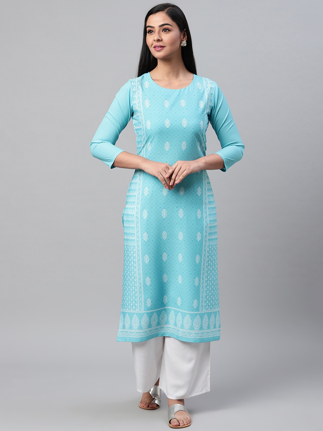 

AHIKA Women Turquoise Blue & White Printed Straight Kurta