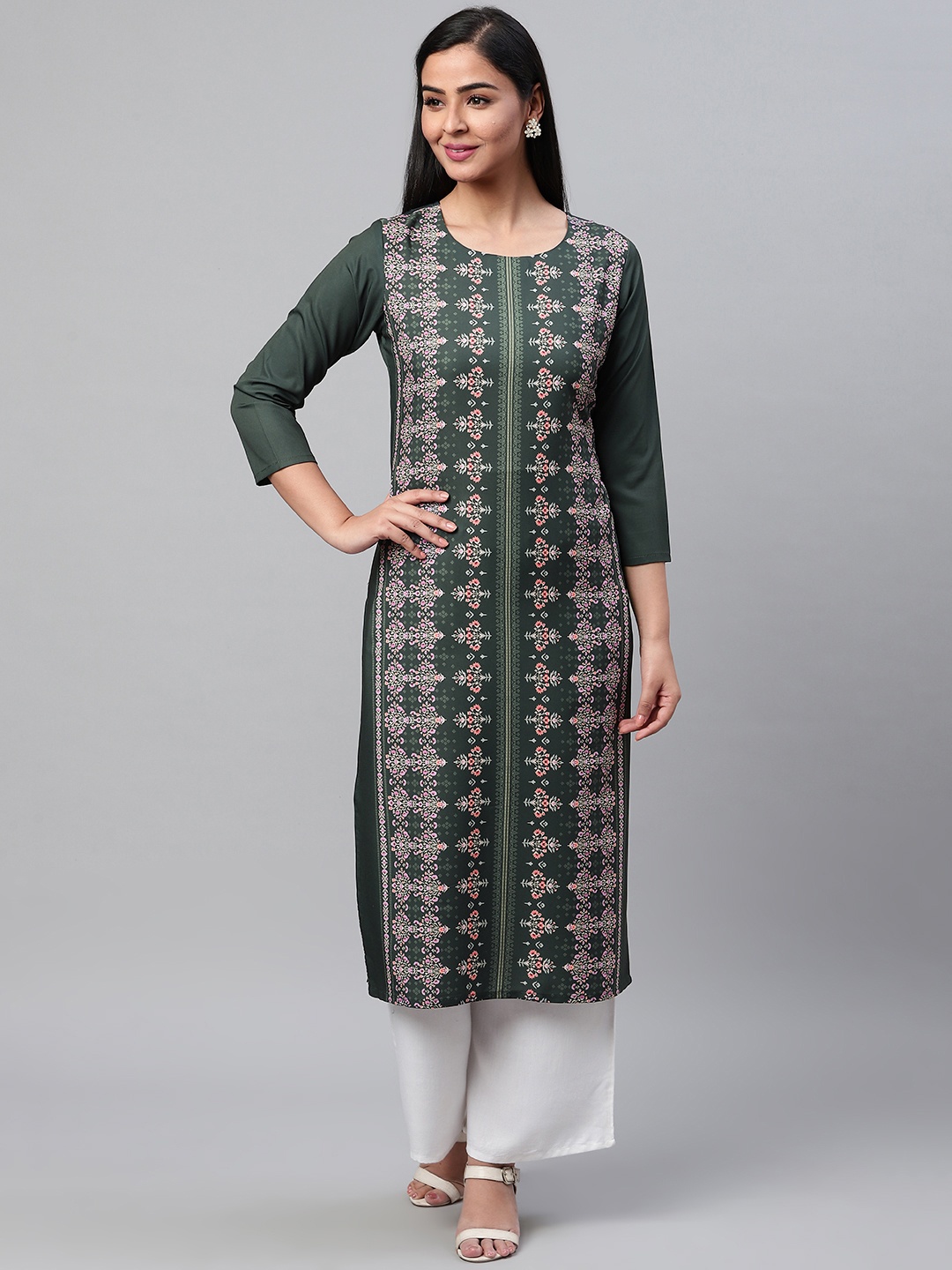 

AHIKA Women Teal Green & Pink Ethnic Print Straight Kurta