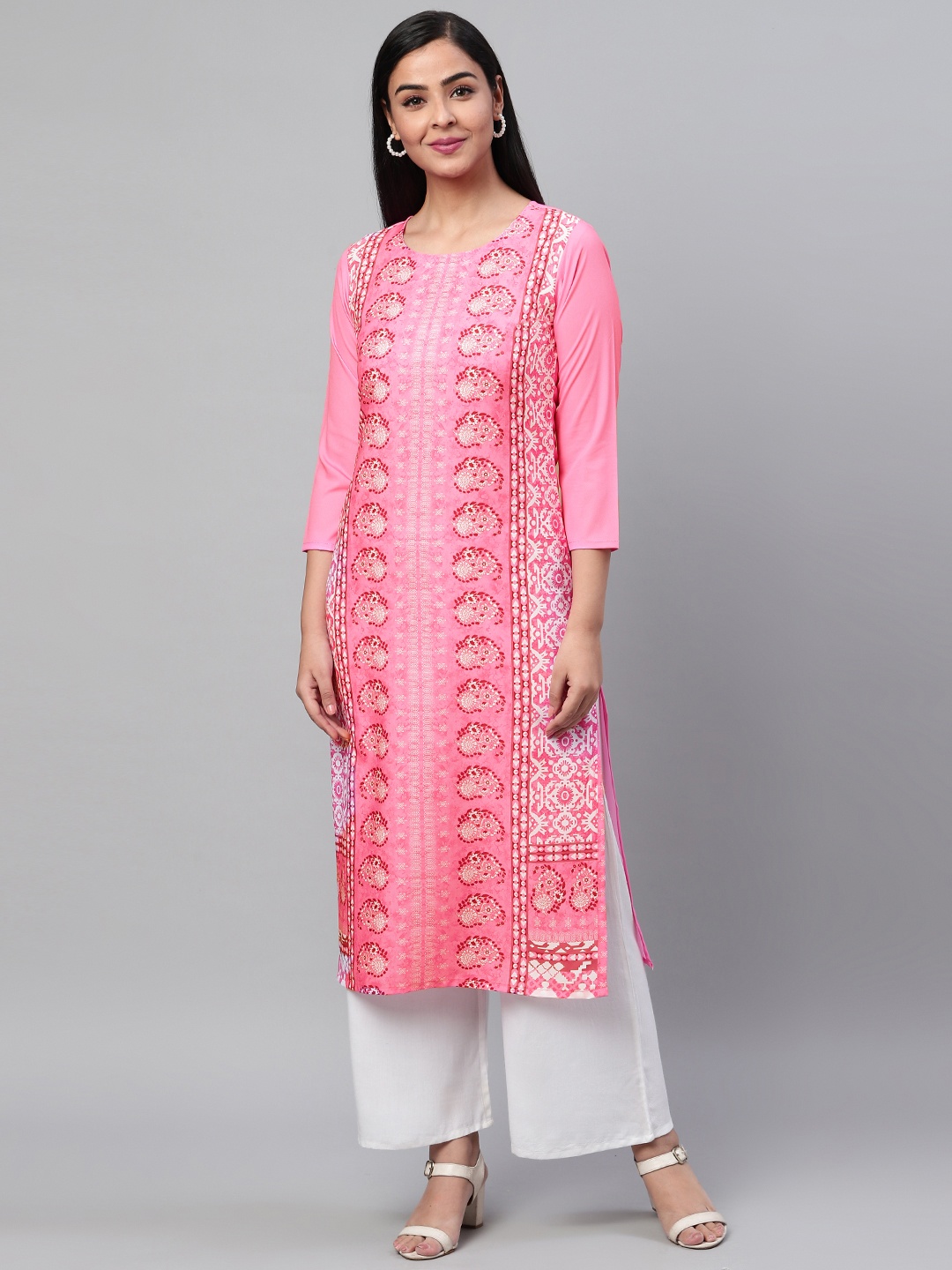 

AHIKA Women Pink & White Ethnic Print Straight Kurta