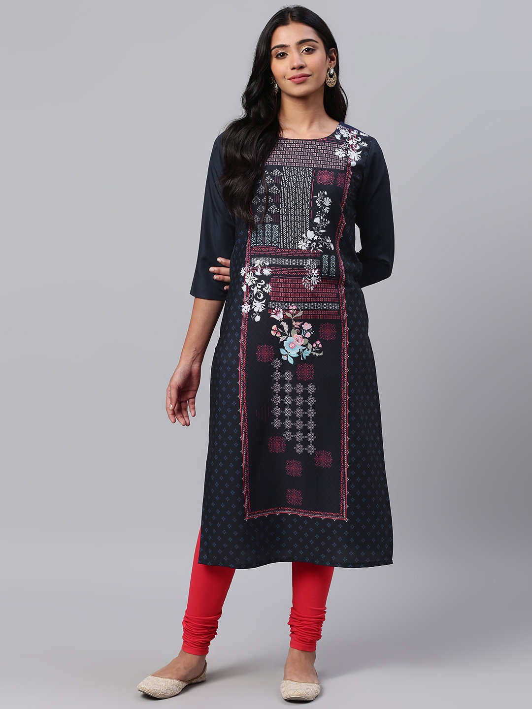 

AHIKA Women Navy Blue & Pink Geometric Print Straight Kurta
