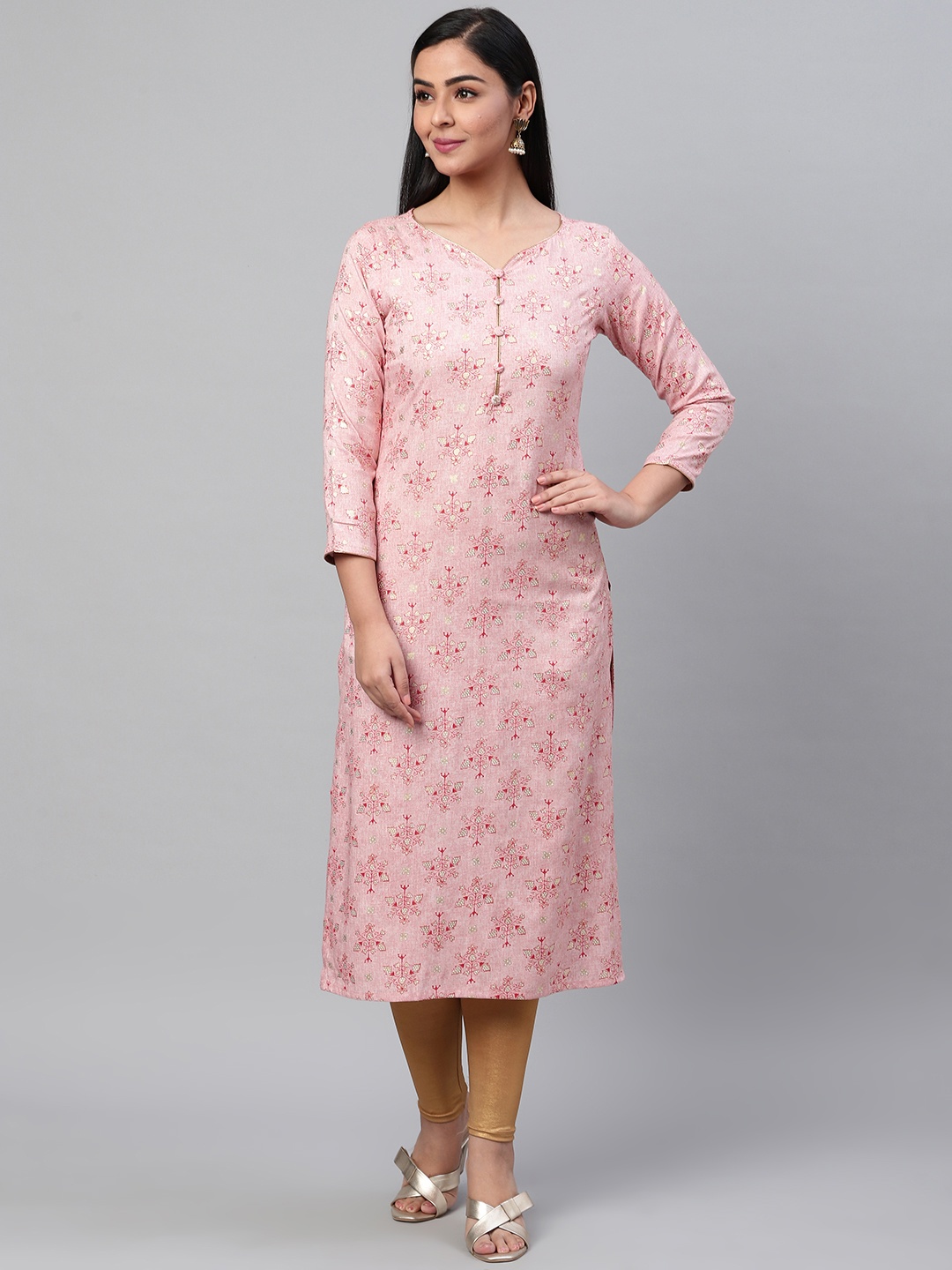 

AHIKA Women Pink & Red Ethnic Print Straight Kurta