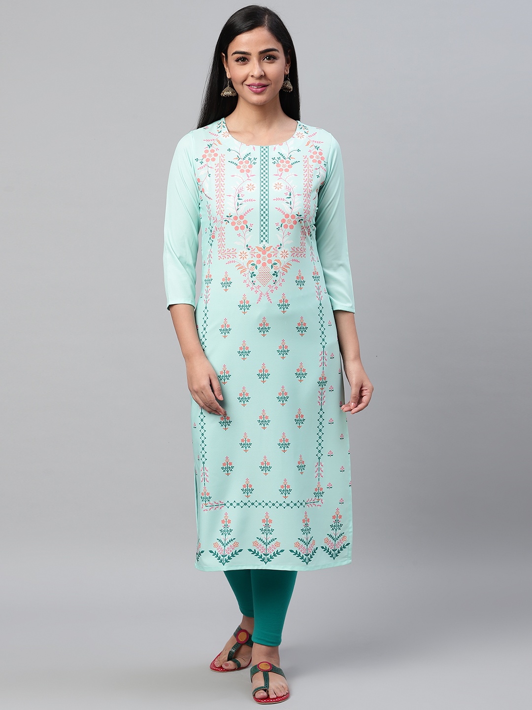 

AHIKA Women Green & Pink Printed Straight Kurta