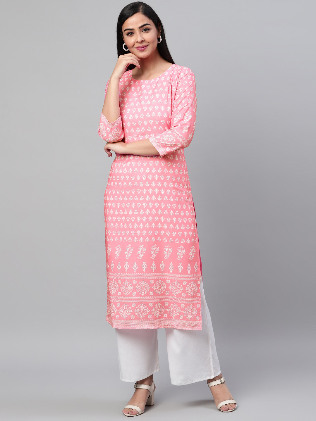 

AHIKA Women Pink & White Printed Straight Kurta