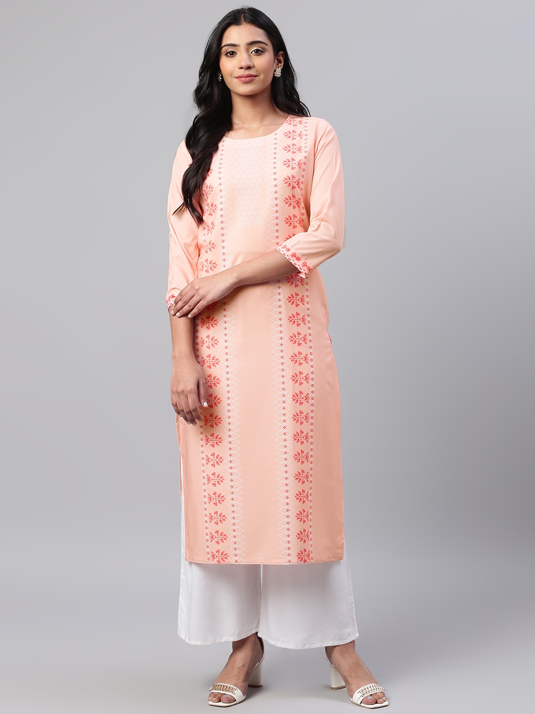 

AHIKA Women Peach-Coloured & White Printed Straight Kurta