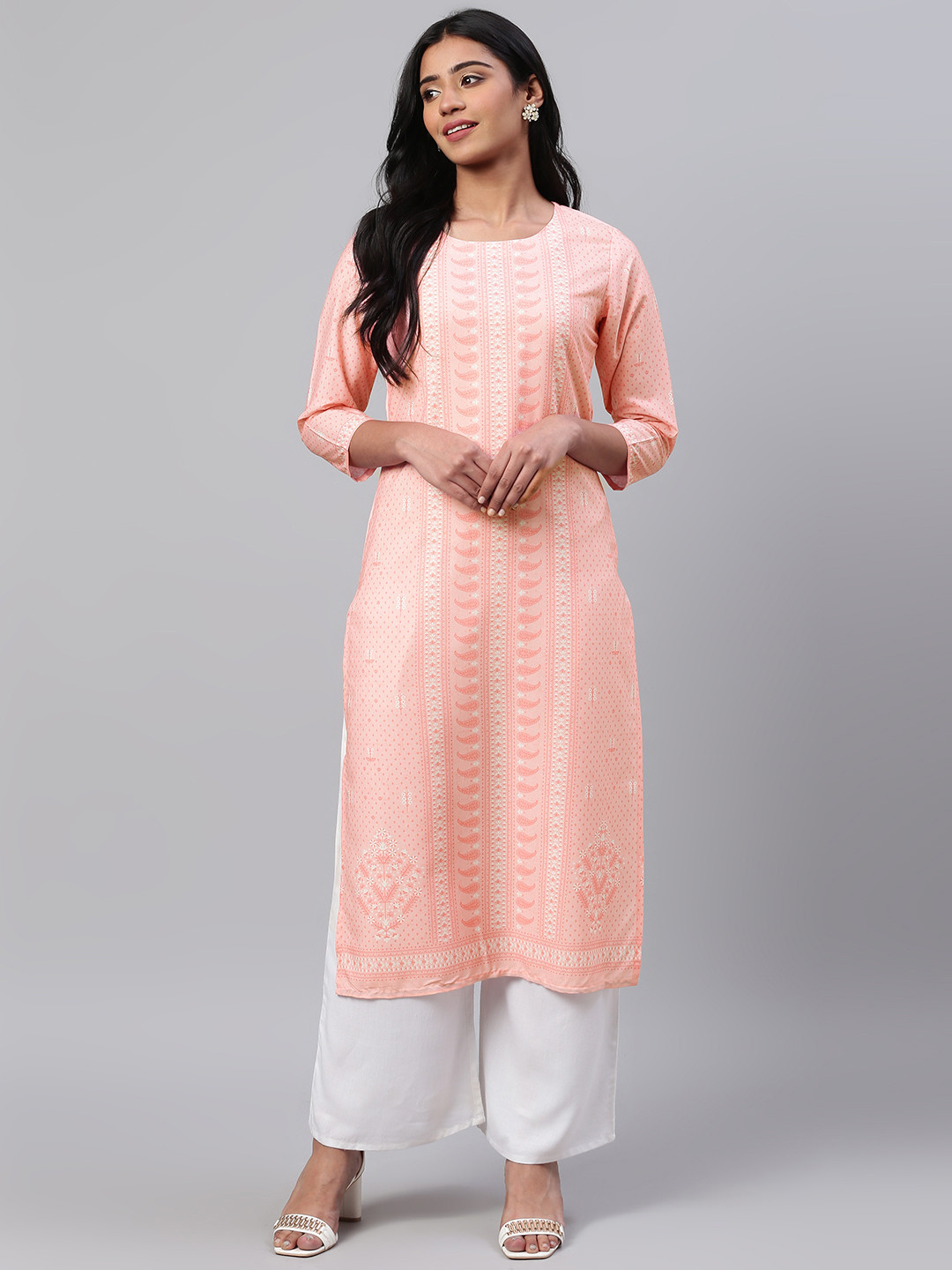 

AHIKA Women Peach-Coloured & Off-White Printed Straight Kurta