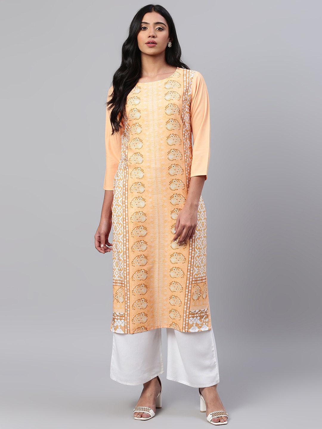 

AHIKA Women Peach-Coloured & White Printed Straight Kurta