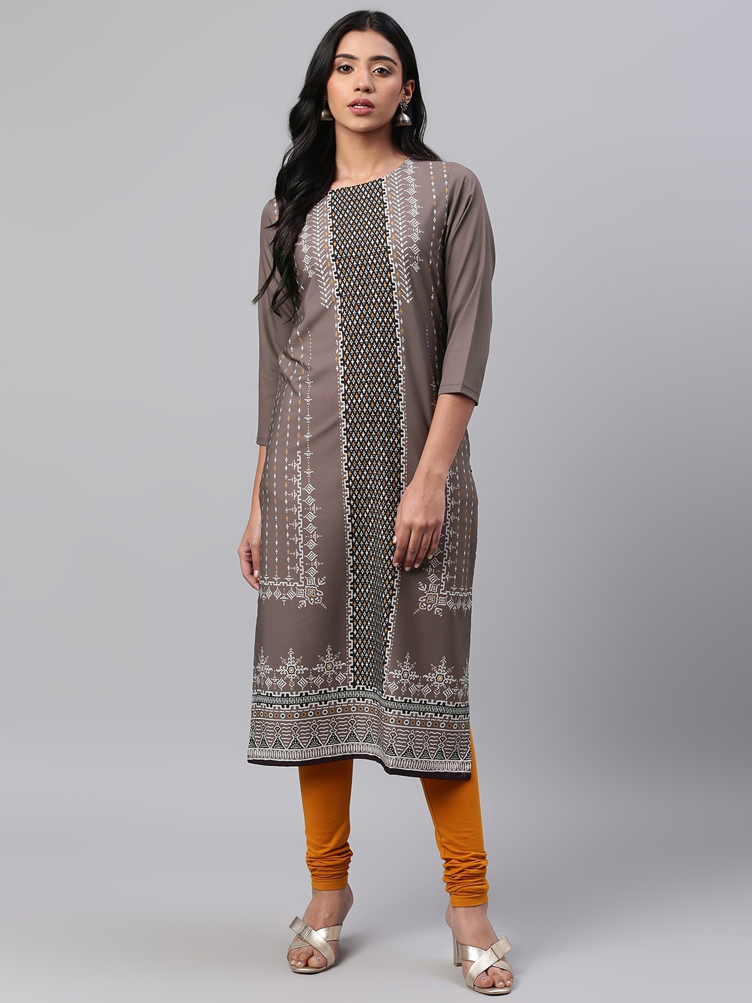 

AHIKA Women Taupe & Off-White Printed Straight Kurta