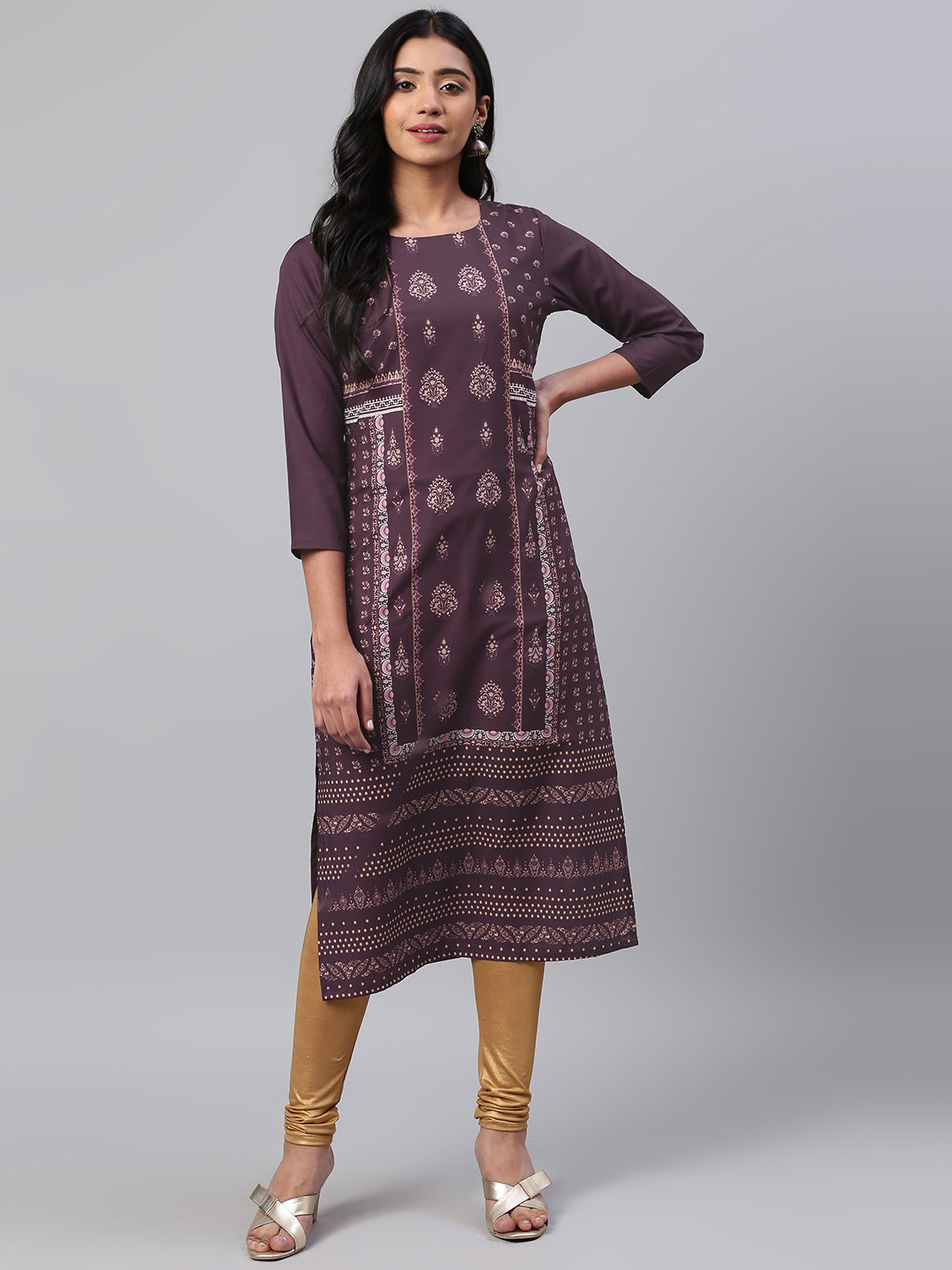 

AHIKA Women Purple & Beige Printed Straight Kurta