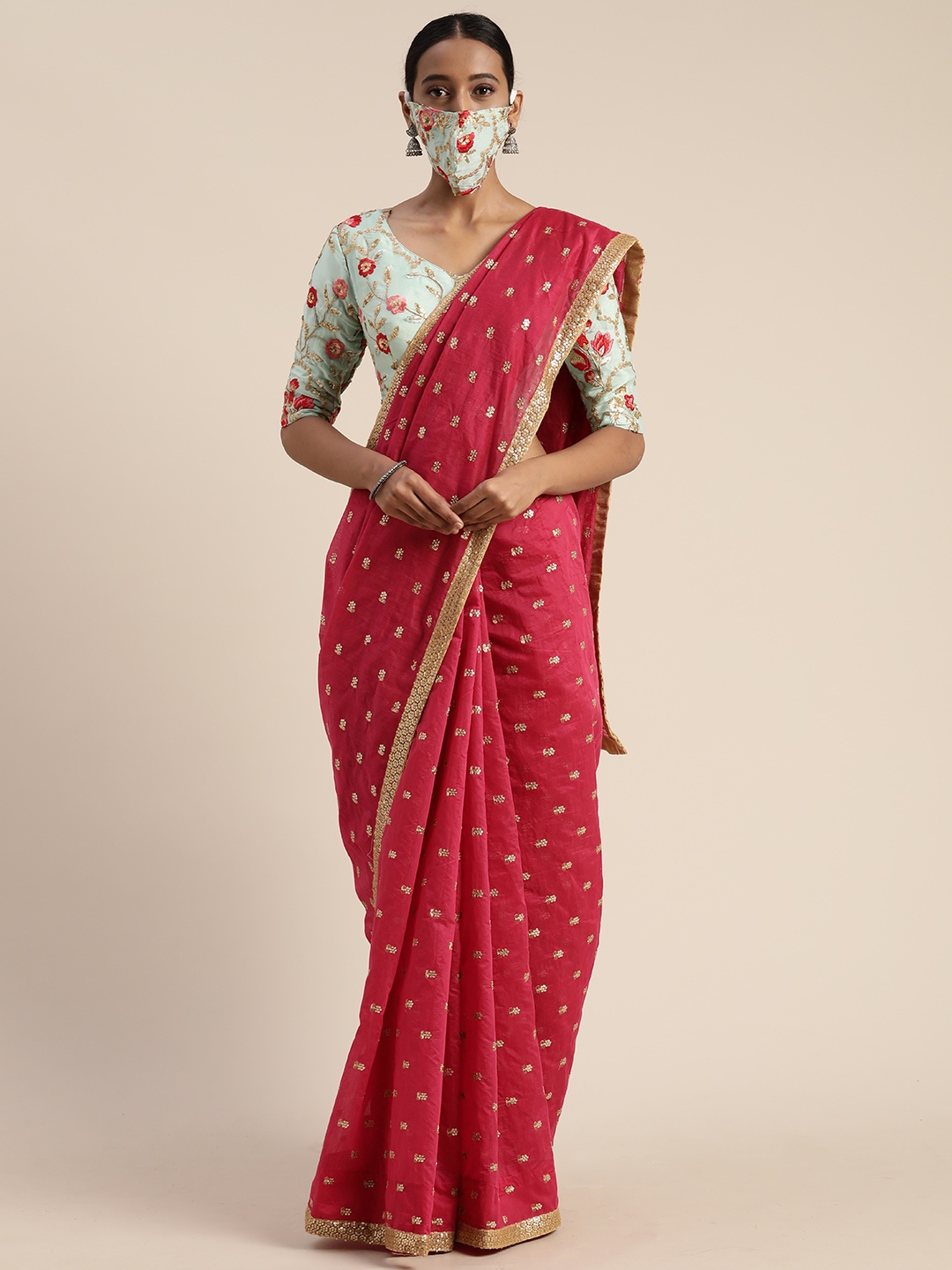 

Ethnovog Pink Embellished Cotton Blend Saree With Matching Mask