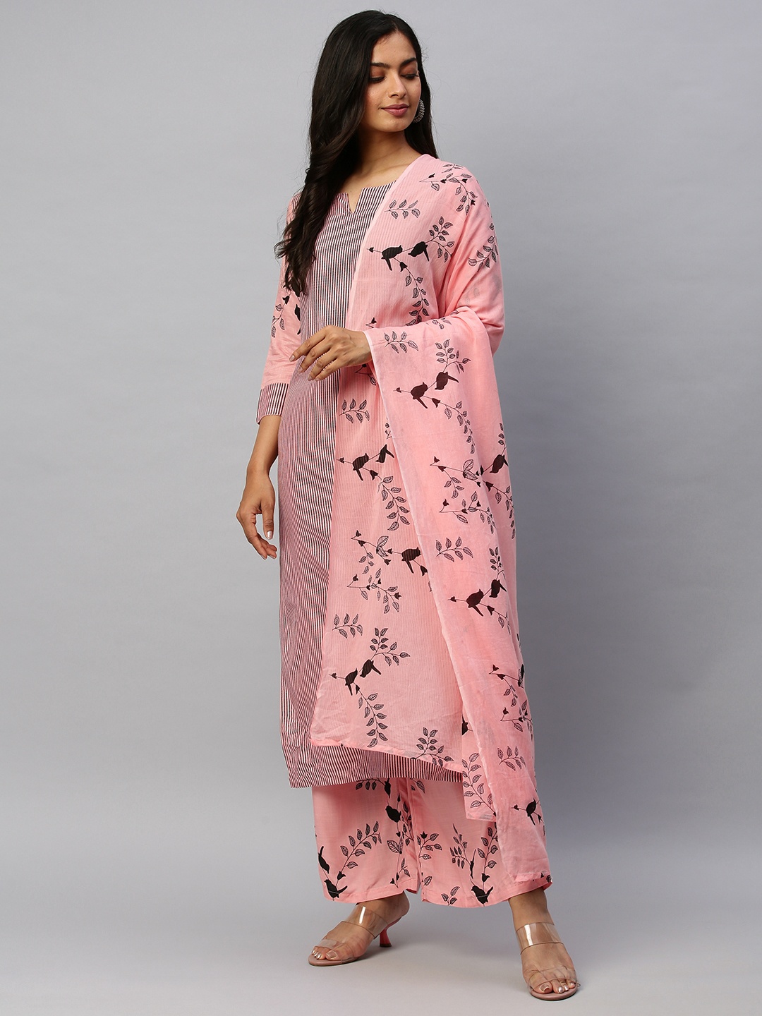 

Ishin Women Pink & Black Striped Kurta with Palazzos & Dupatta