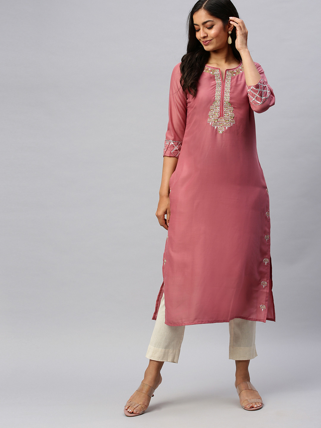 

Ishin Women Pink Embroidered Straight Kurta