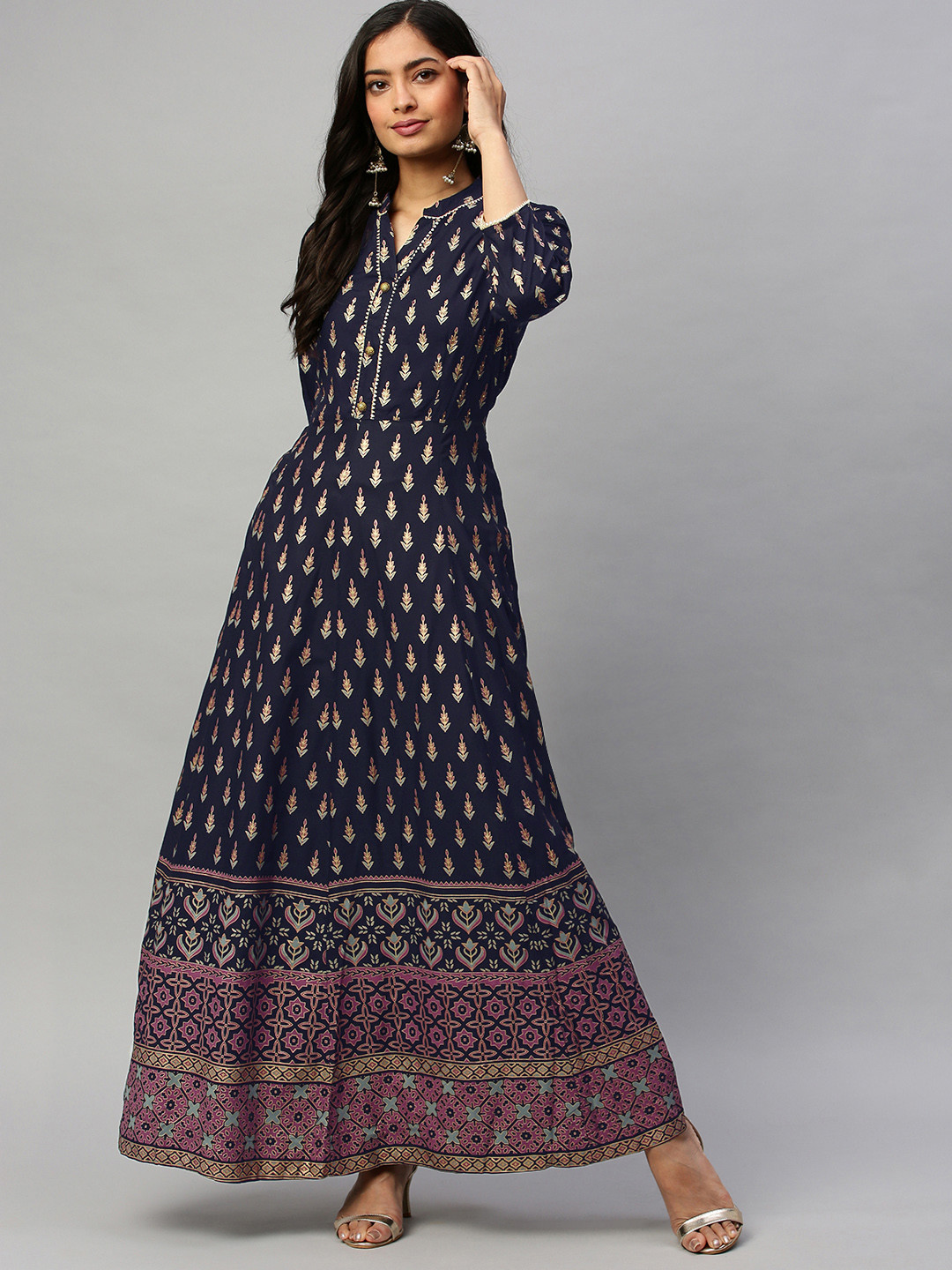

Ishin Women Navy Blue & Off-White Printed A-Line Kurta