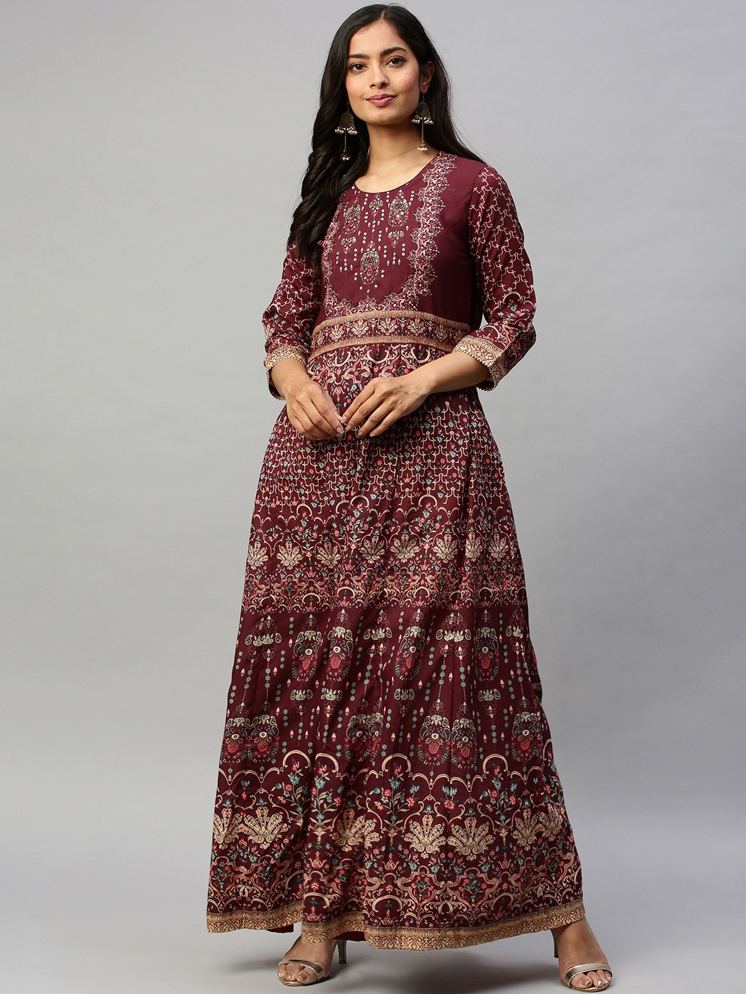 

Ishin Women Maroon & Off-White Printed A-Line Kurta with Mirror Work