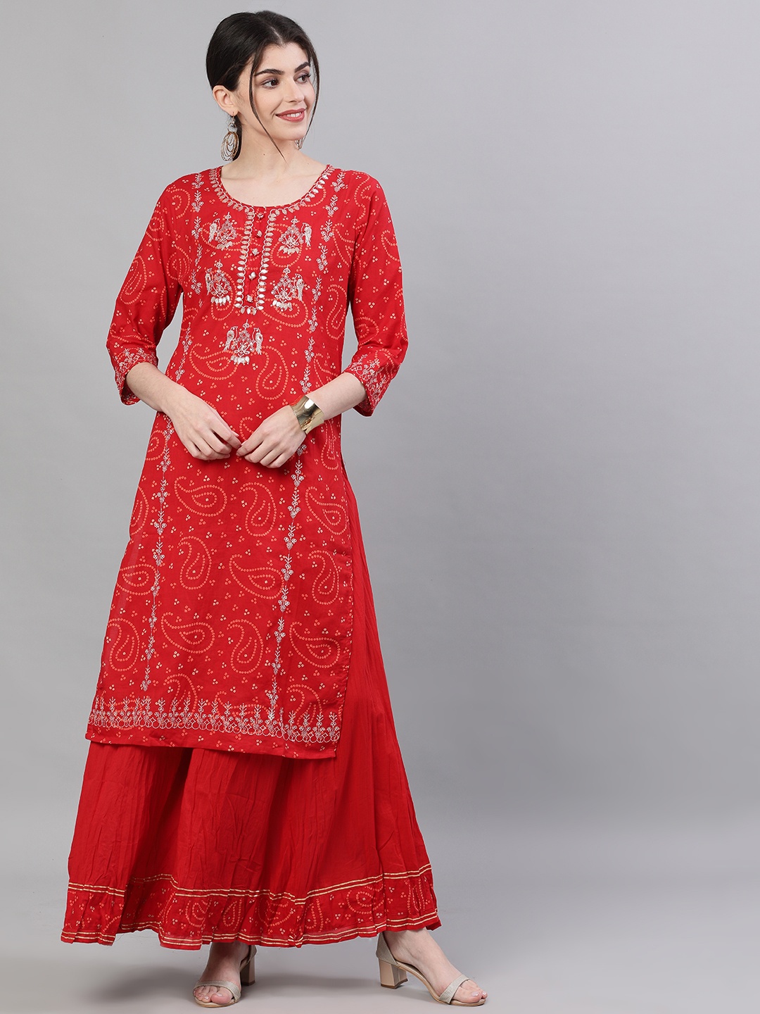 

Ishin Women Red & Yellow Bandhani Printed Kurta with Sharara