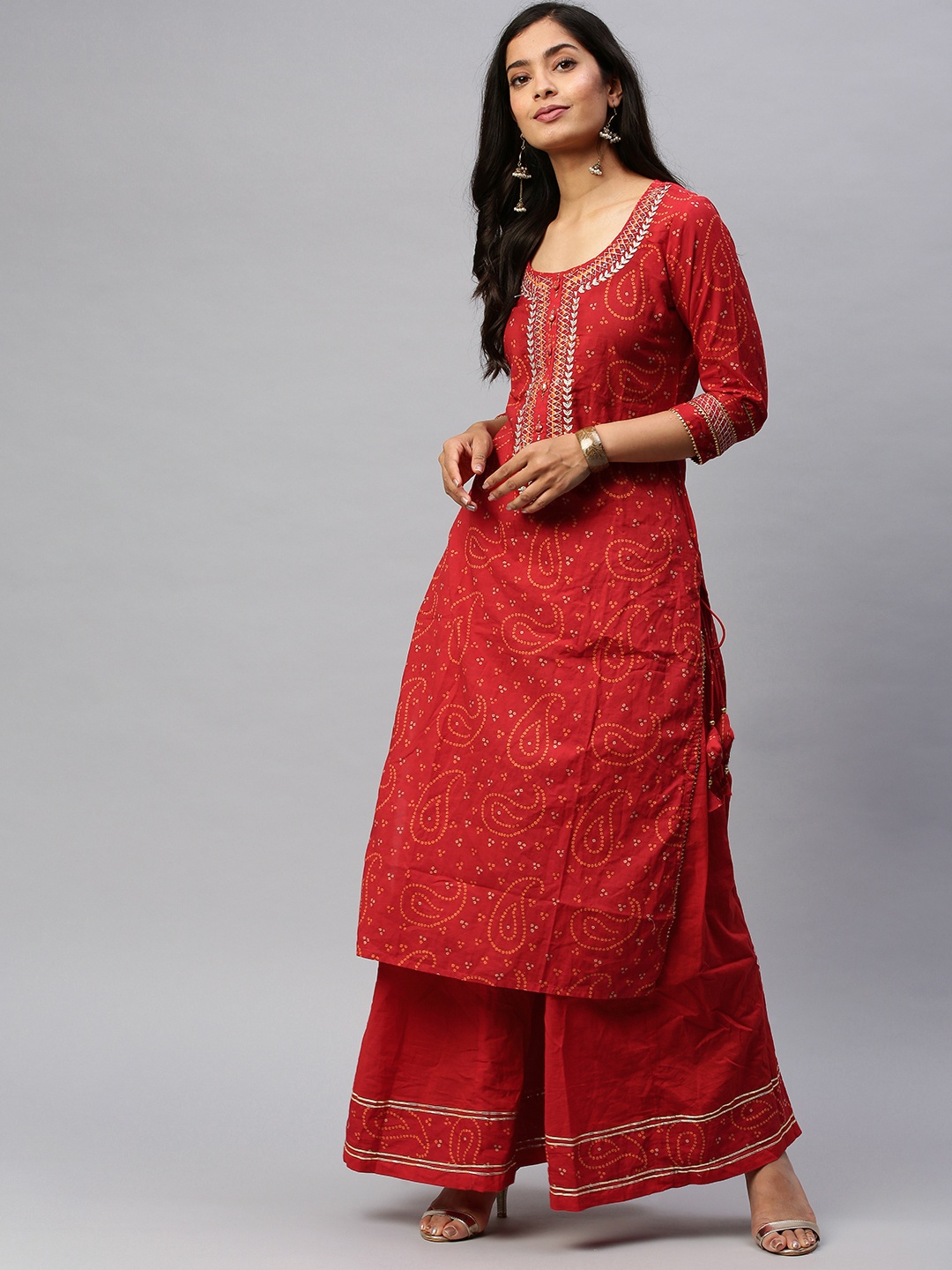 

Ishin Women Red & Yellow Bandhani Printed Kurta with Sharara