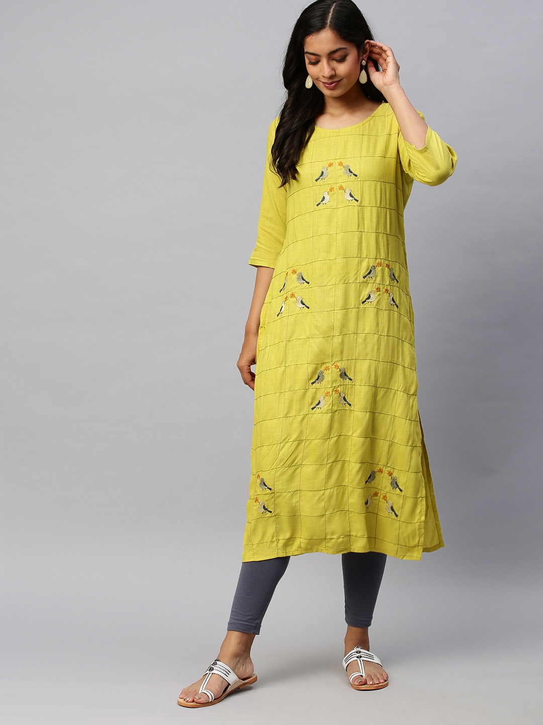 

Ishin Women Lime Green Embroidered Straight Kurta
