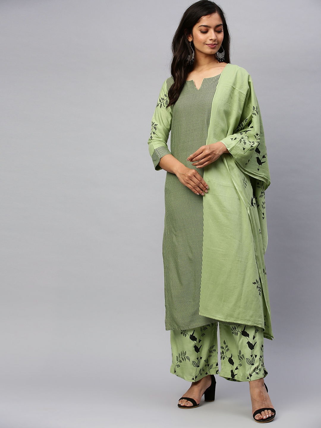 

Ishin Women Green & Black Printed Kurta with Trousers & Dupatta