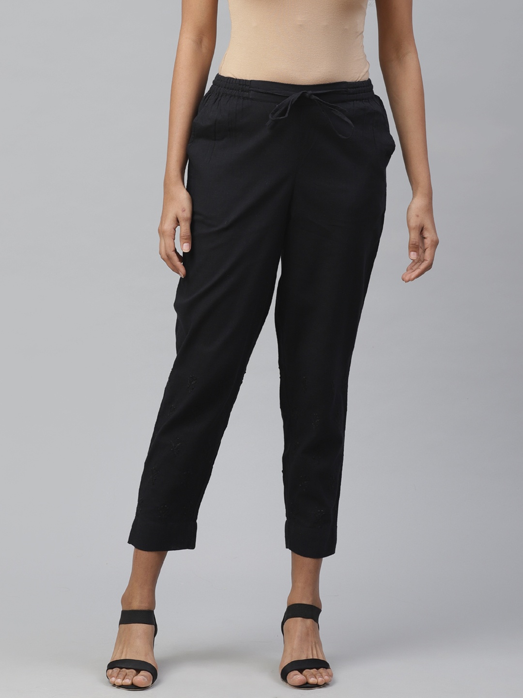 akheri Women Black Slim Fit Chikankari Embroidered Detail Regular Trousers