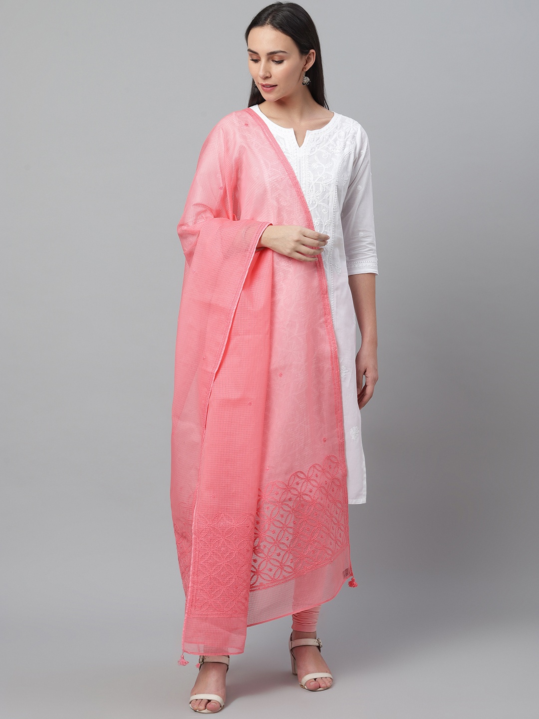 

akheri Pink Chikankari Embroidered Cotton Dupatta