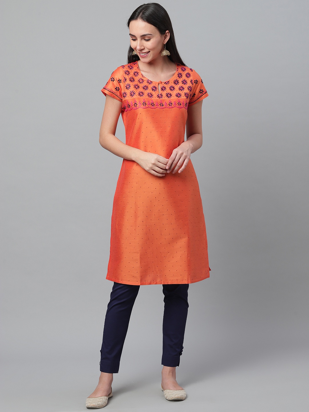

akheri Women Rust Orange Mukaish Embellished Straight Kurta
