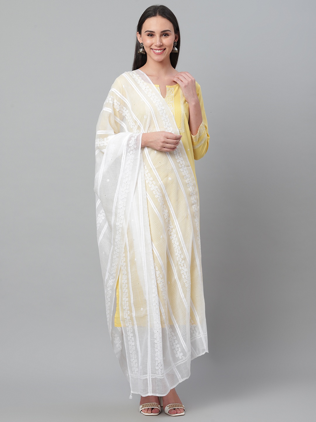 

akheri White Chikankari Embroidered & Mukaish Work Dupatta