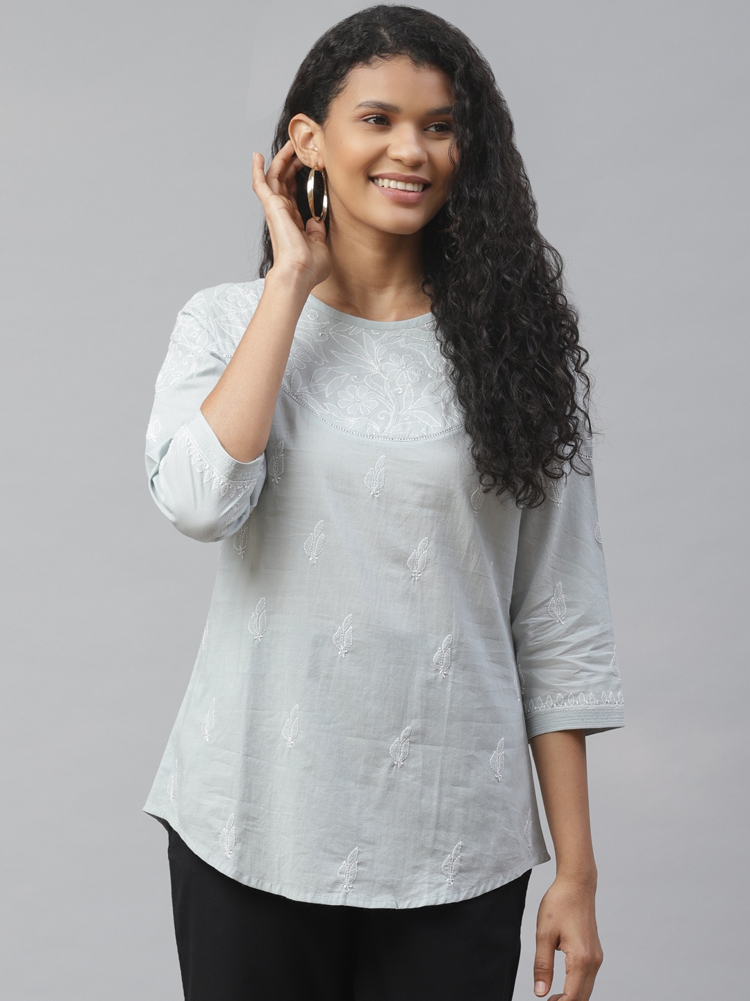 

akheri Women Grey Chikankari Embroidered Pure Cotton Top