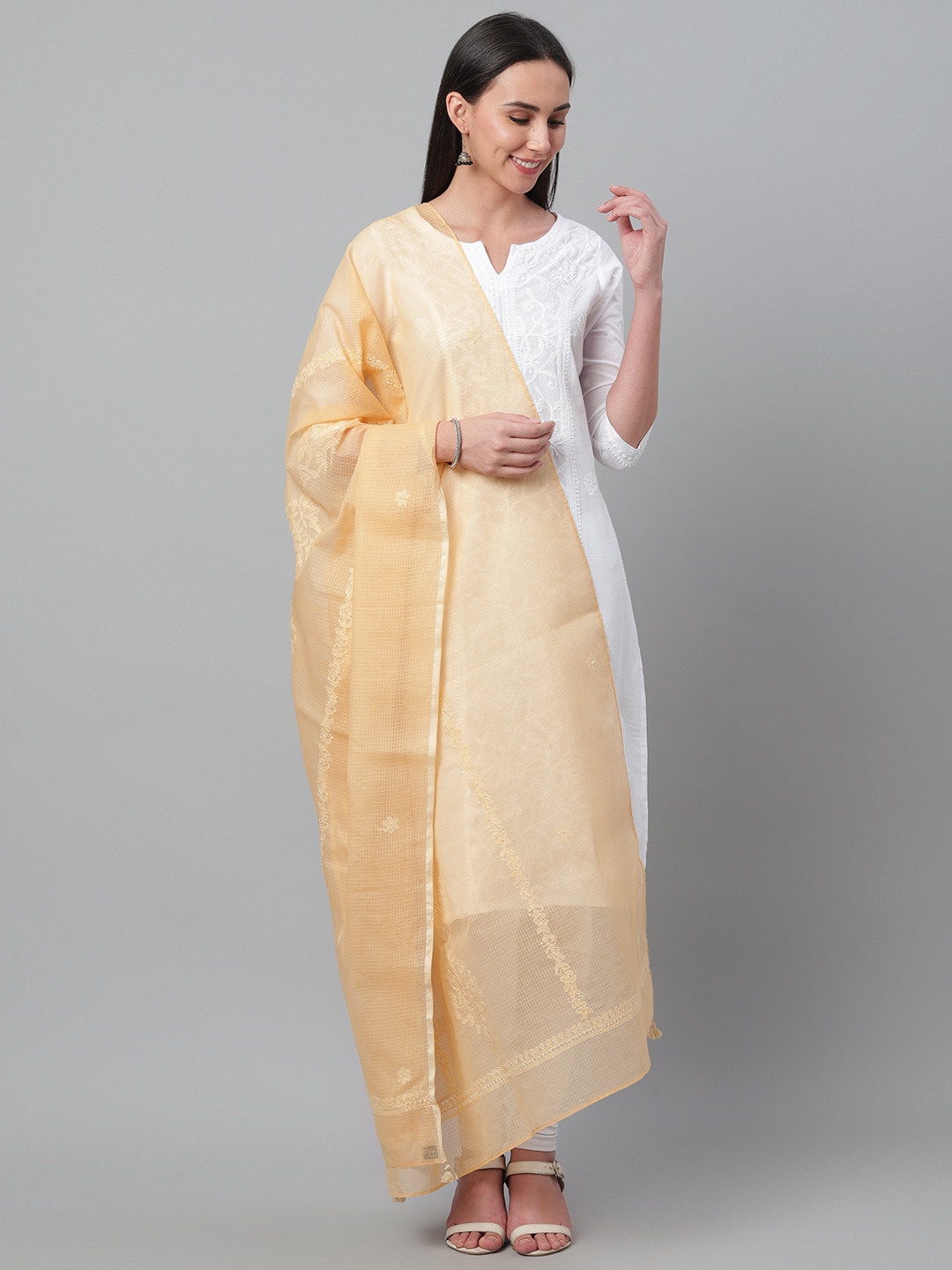 

akheri Beige Chikankari Embroidered Cotton Dupatta