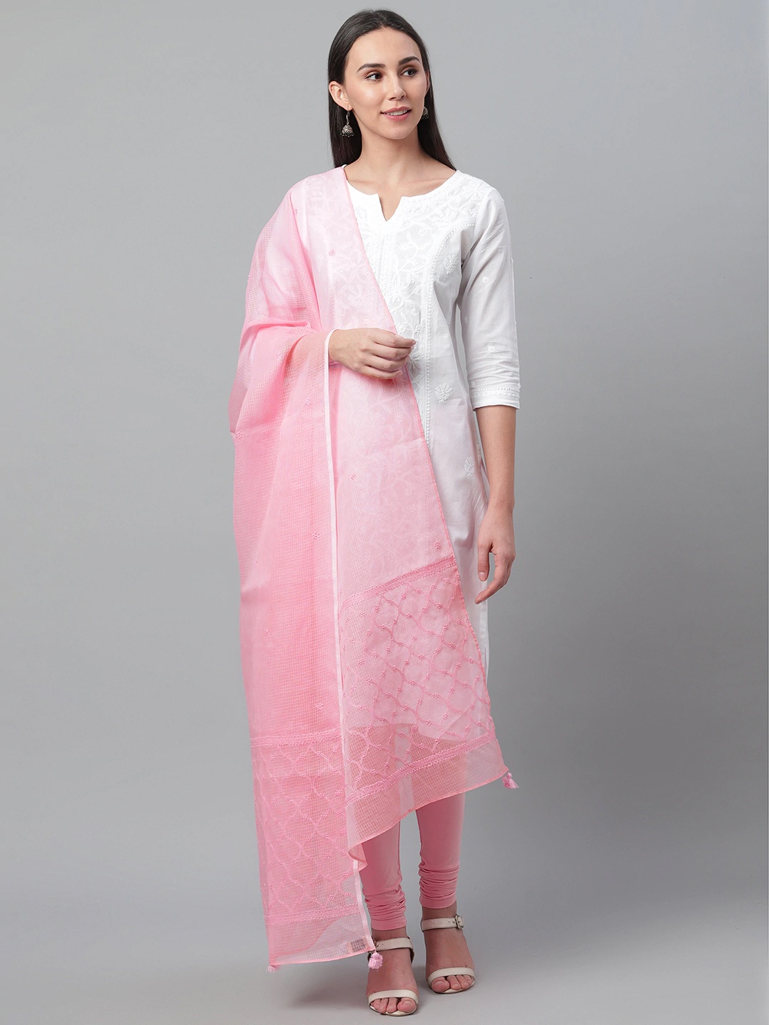 

akheri Pink Chikankari Embroidered Cotton Dupatta