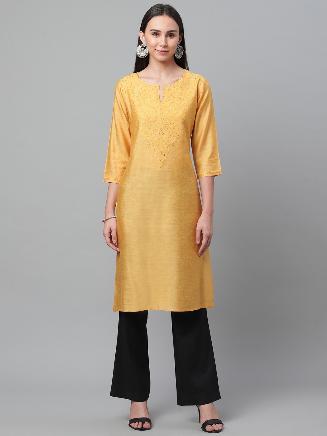 

akheri Women Mustard Yellow Chikankari Embroidered Yoke Design Straight Silk Kurta
