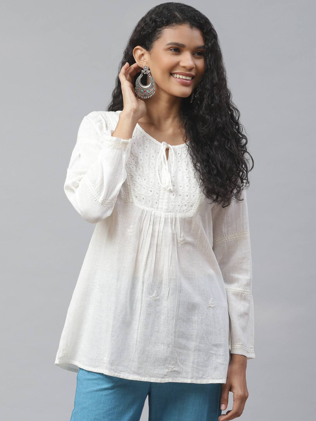 

akheri Women Off-White Chikankari Embroidered A-Line Pure Cotton Top