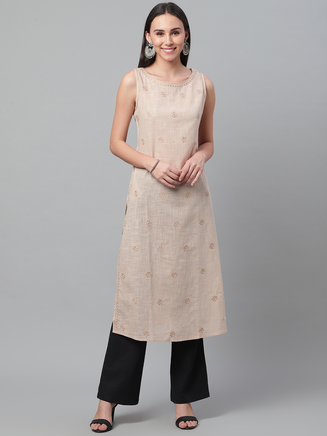 

akheri Women Beige Chikankari Embroidered Handloon Straight Kurta