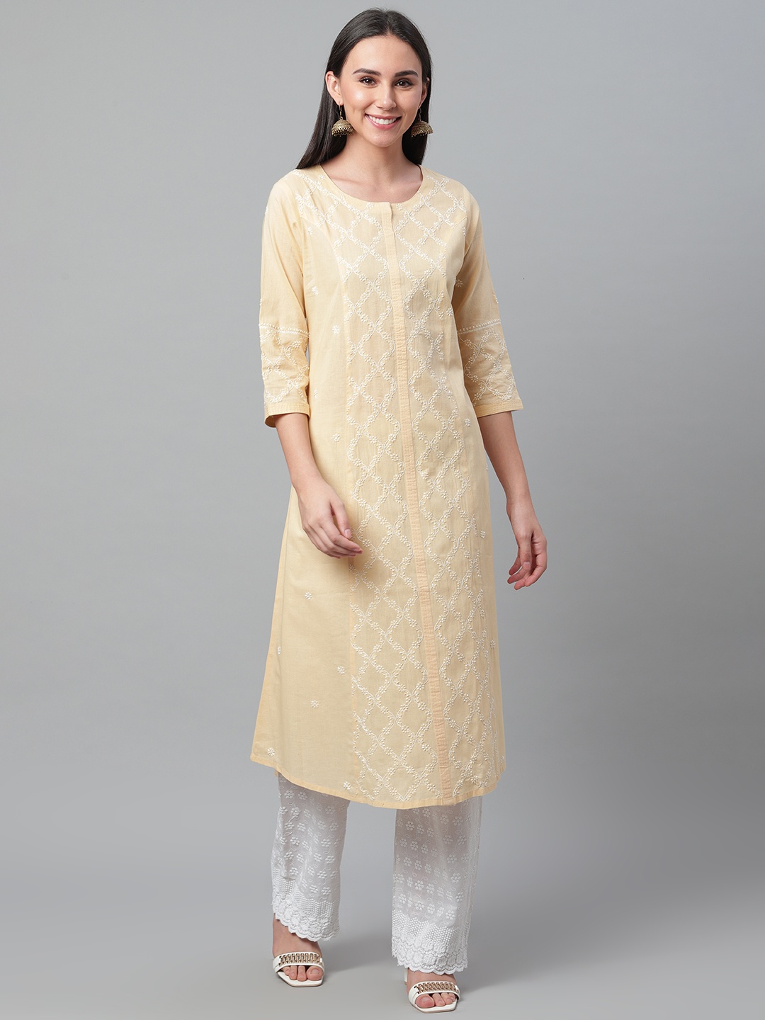 

akheri Women Beige Chikankari Embroidered A-Line Kurta