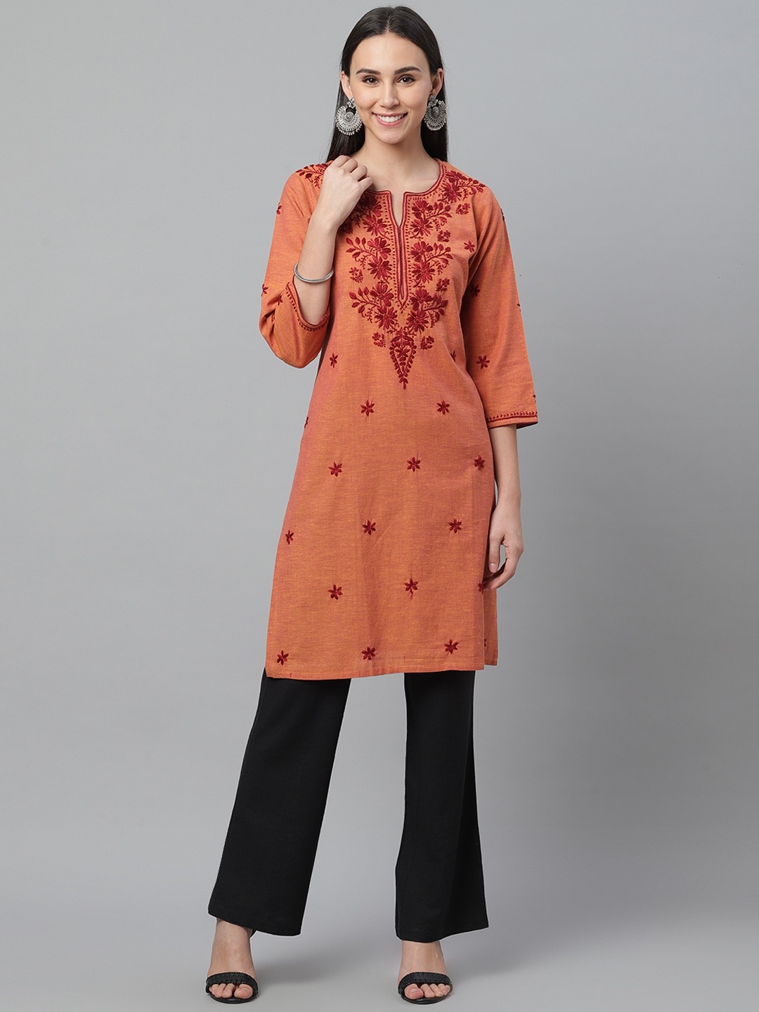 

akheri Women Rust Orange & Maroon Chikankari Embroidered Straight Kurta