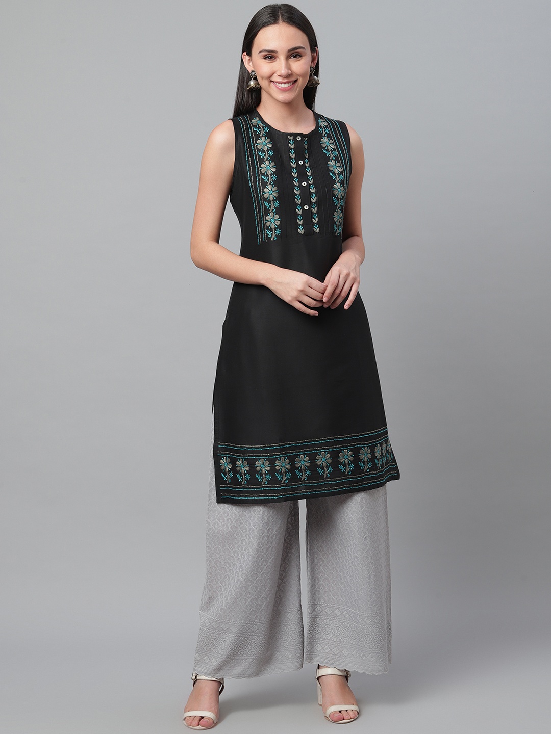 

akheri Women Black & Charcoal Grey Chikankari Embroidered Straight Kurta