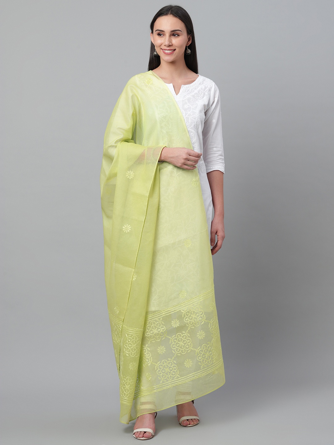 

akheri Green Chikankari Embroidered Cotton Dupatta