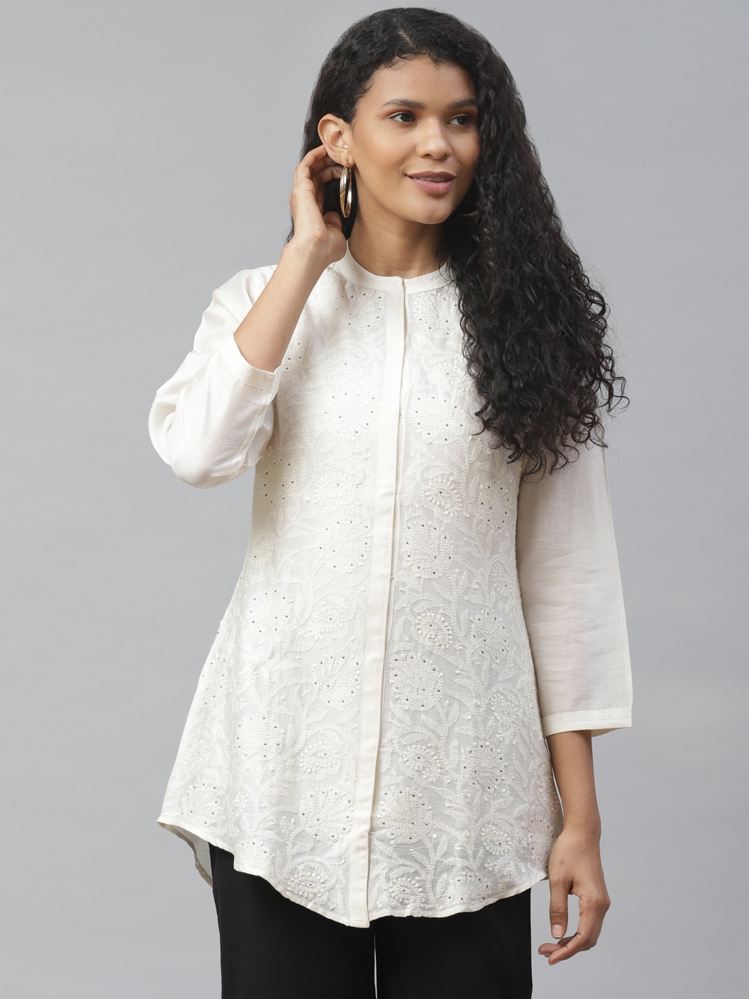 

akheri Women Off-White Chanderi Silk Chikankari Embroidered Longline Casual Shirt