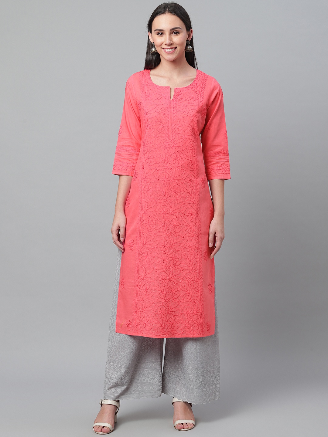 

akheri Women Pink Chikankari Embroidered Straight Kurta