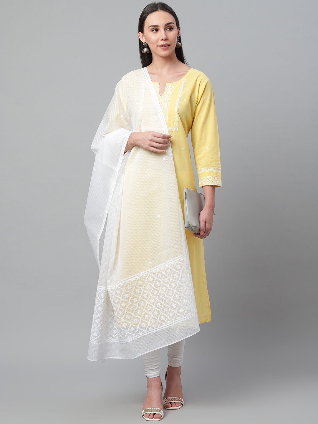 

akheri White Chikankari Embroidered Cotton Dupatta