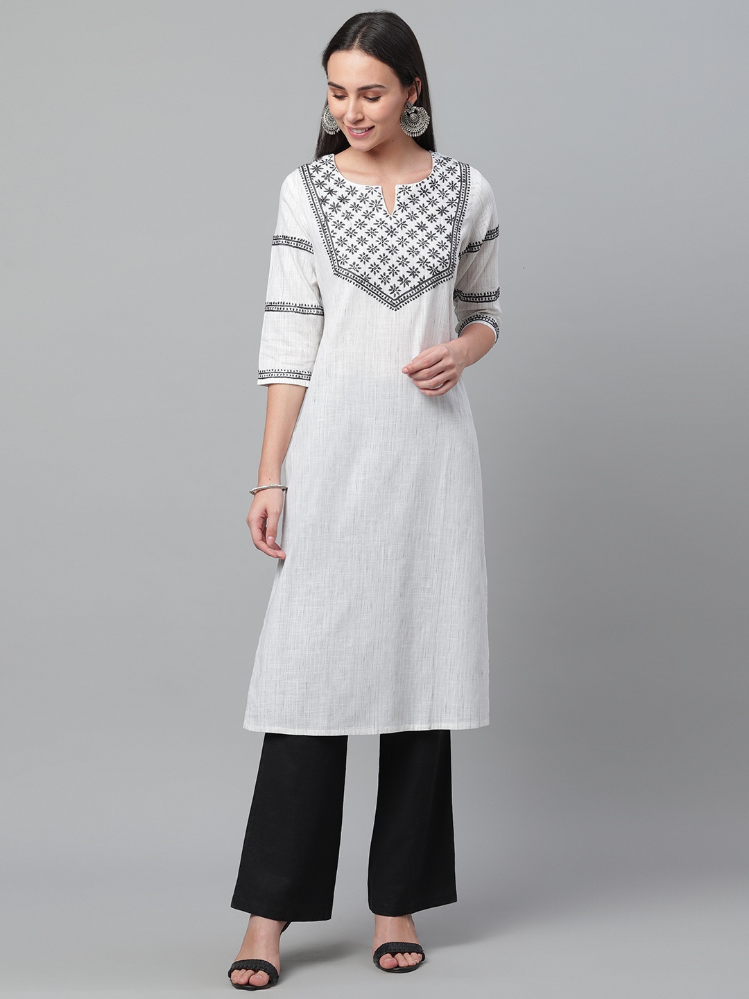 

akheri Women White & Black Woven Yoke Design Handloom Straight Kurta