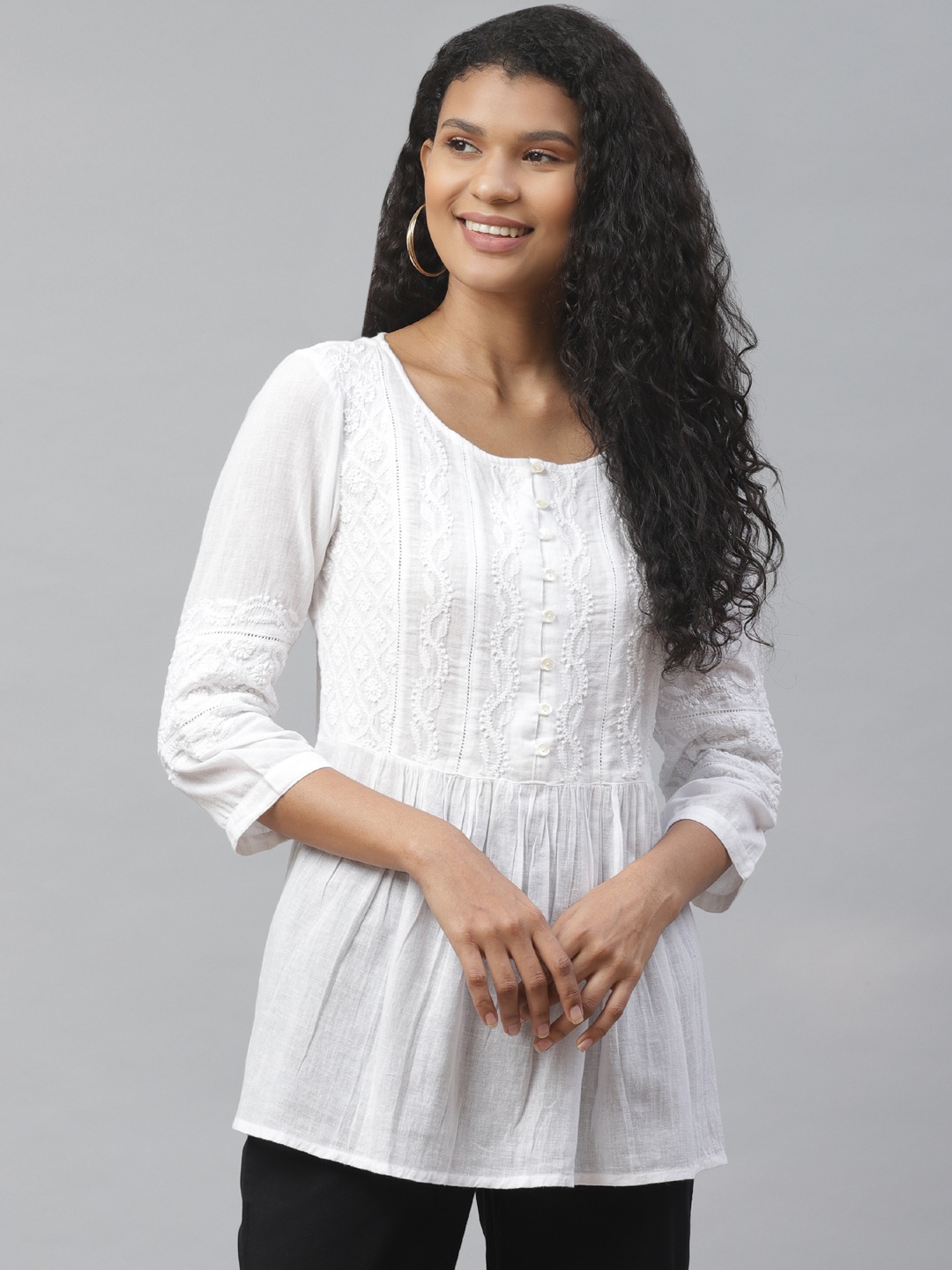 

akheri Women White Chikankari Embroidered A-Line Pure Cotton Top
