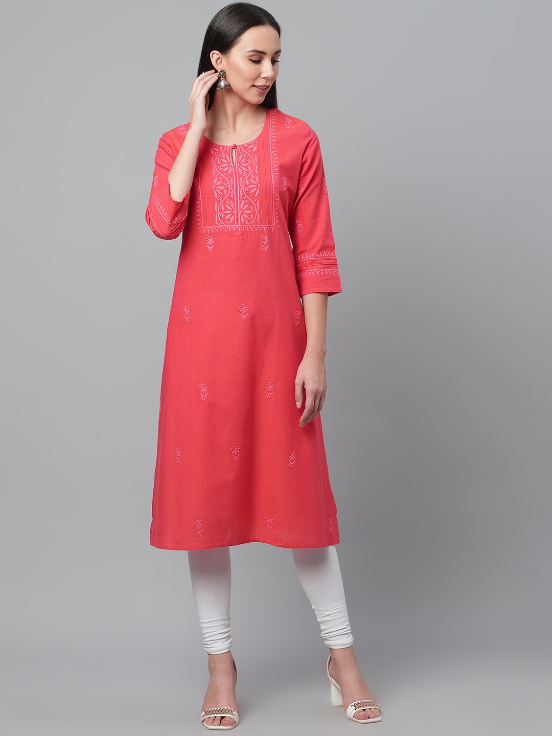 

akheri Women Pink Chikankari Embroidered Handloom Mangalgiri Straight Kurta